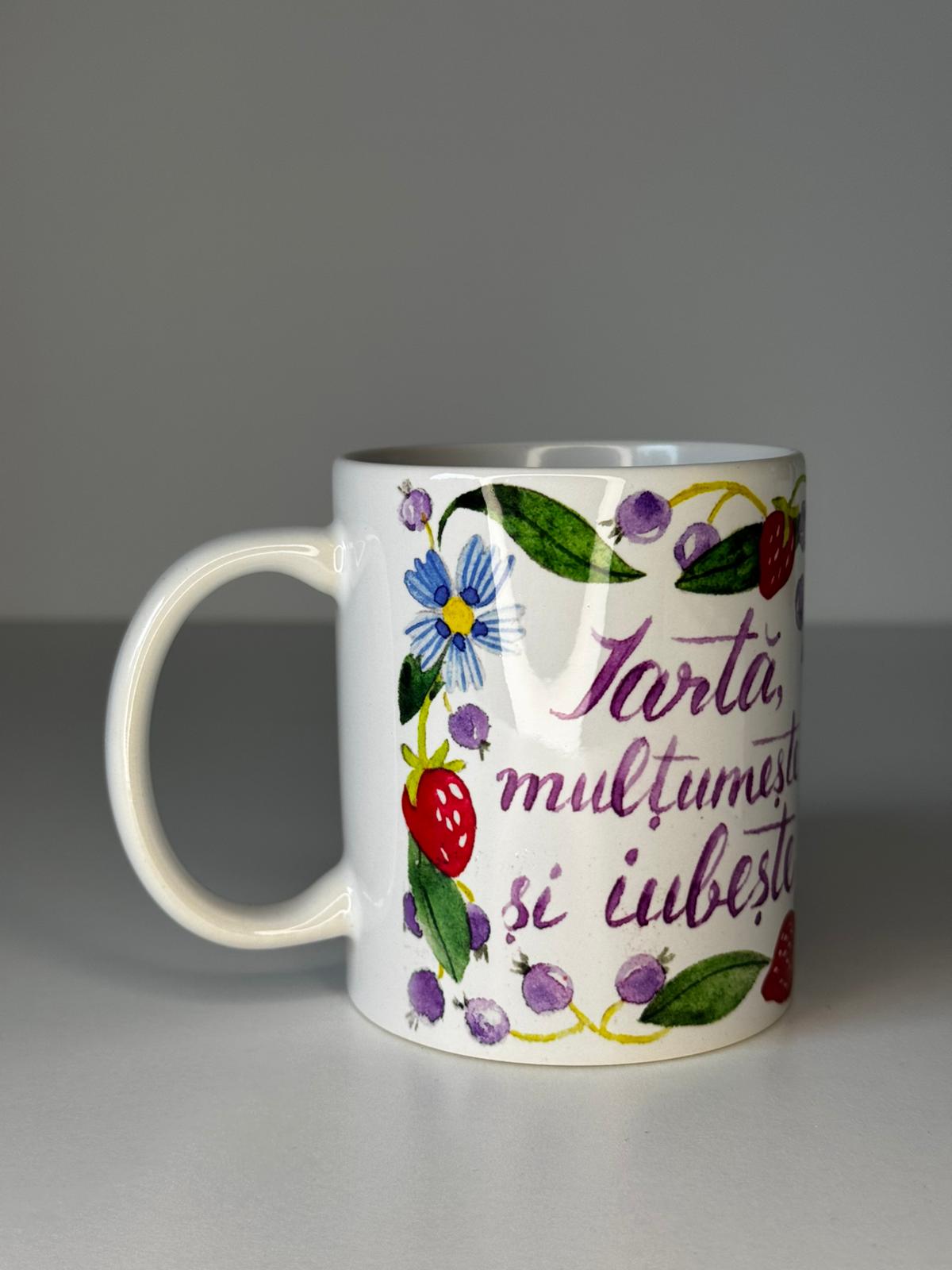 Cană cu mesaj „Iartă, mulțumește și iubește”